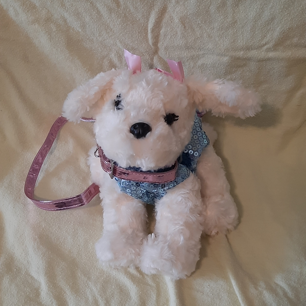 Sequin Dog Plush Purse with Pink Strap